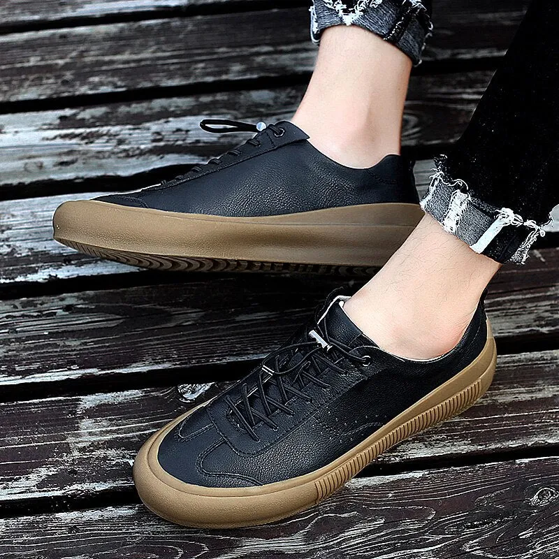Advbridge Classic Men Black White Sneakers Soft Genuine Leather Men Shoes Lace-up Casual Flats Shoes All-match Minimalist Sneakers for Men