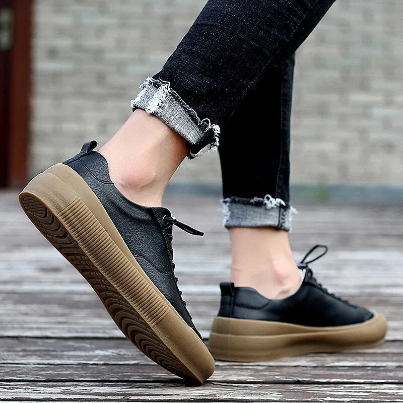 Advbridge Classic Men Black White Sneakers Soft Genuine Leather Men Shoes Lace-up Casual Flats Shoes All-match Minimalist Sneakers for Men