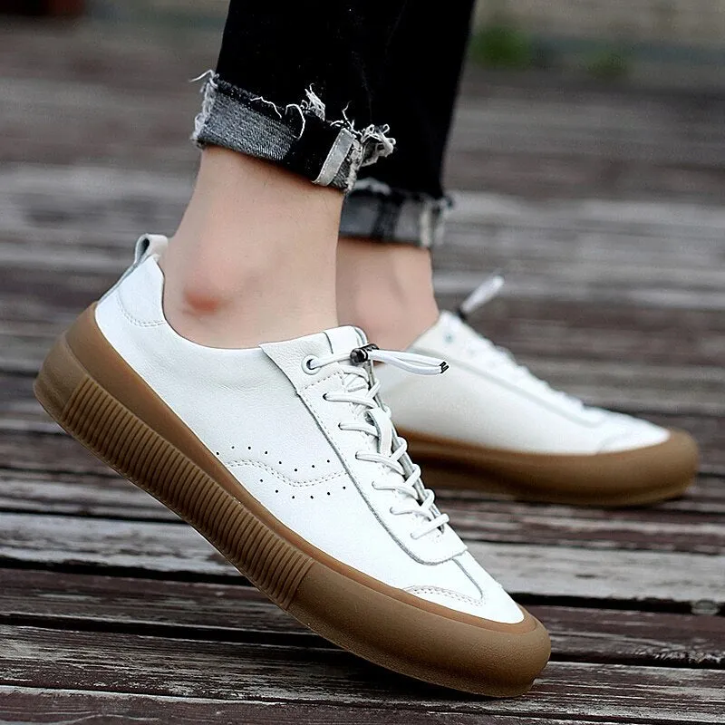 Advbridge Classic Men Black White Sneakers Soft Genuine Leather Men Shoes Lace-up Casual Flats Shoes All-match Minimalist Sneakers for Men