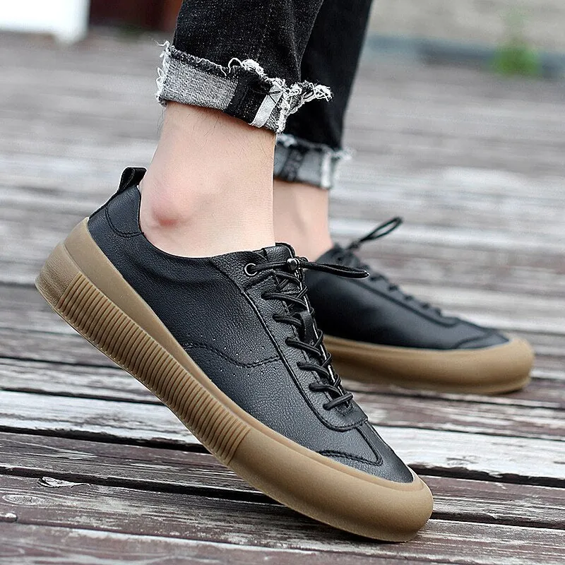 Advbridge Classic Men Black White Sneakers Soft Genuine Leather Men Shoes Lace-up Casual Flats Shoes All-match Minimalist Sneakers for Men