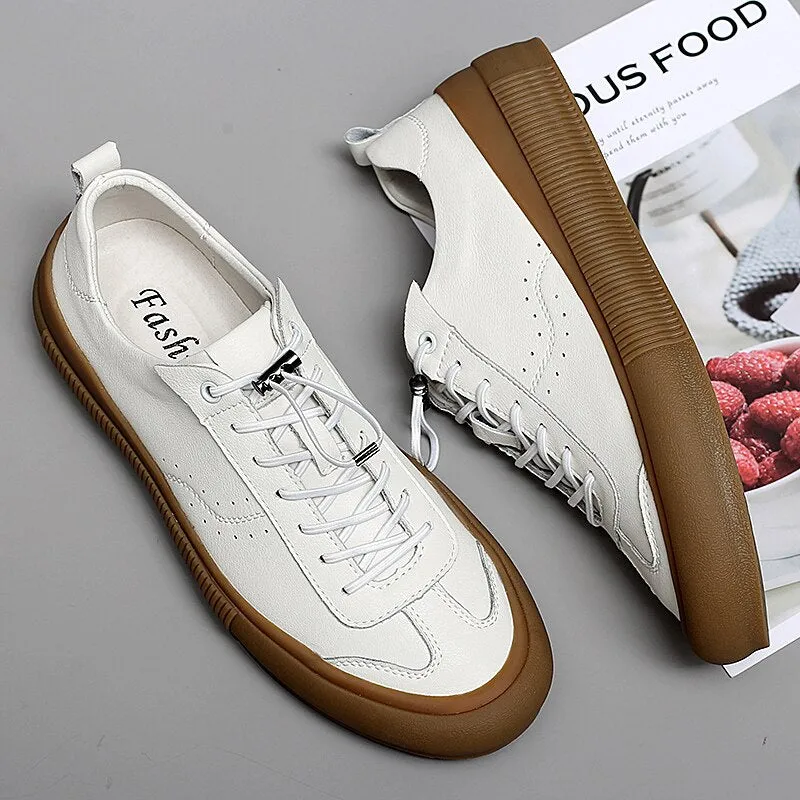 Advbridge Classic Men Black White Sneakers Soft Genuine Leather Men Shoes Lace-up Casual Flats Shoes All-match Minimalist Sneakers for Men