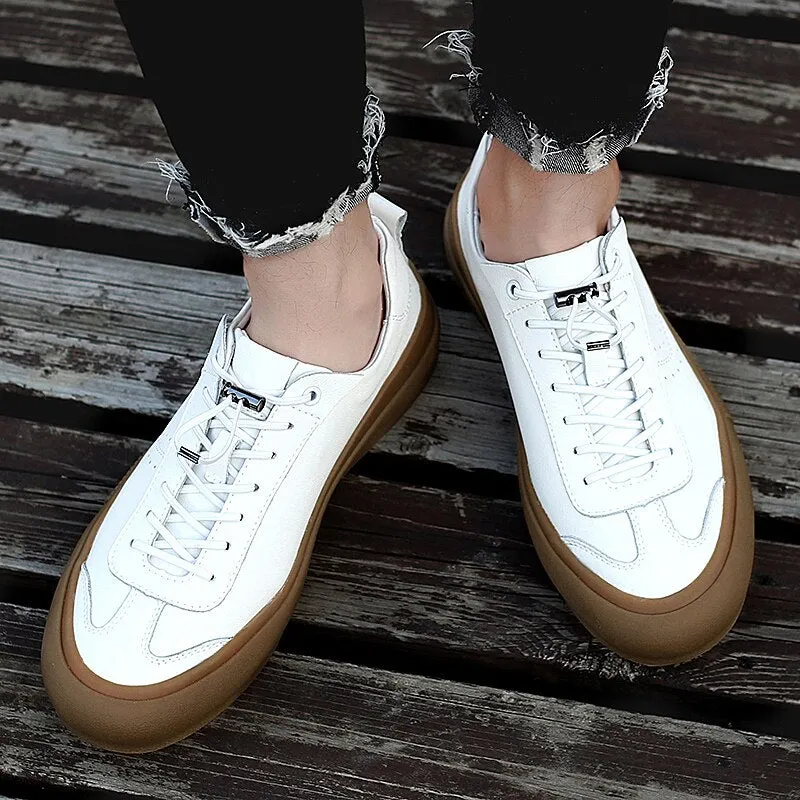Advbridge Classic Men Black White Sneakers Soft Genuine Leather Men Shoes Lace-up Casual Flats Shoes All-match Minimalist Sneakers for Men