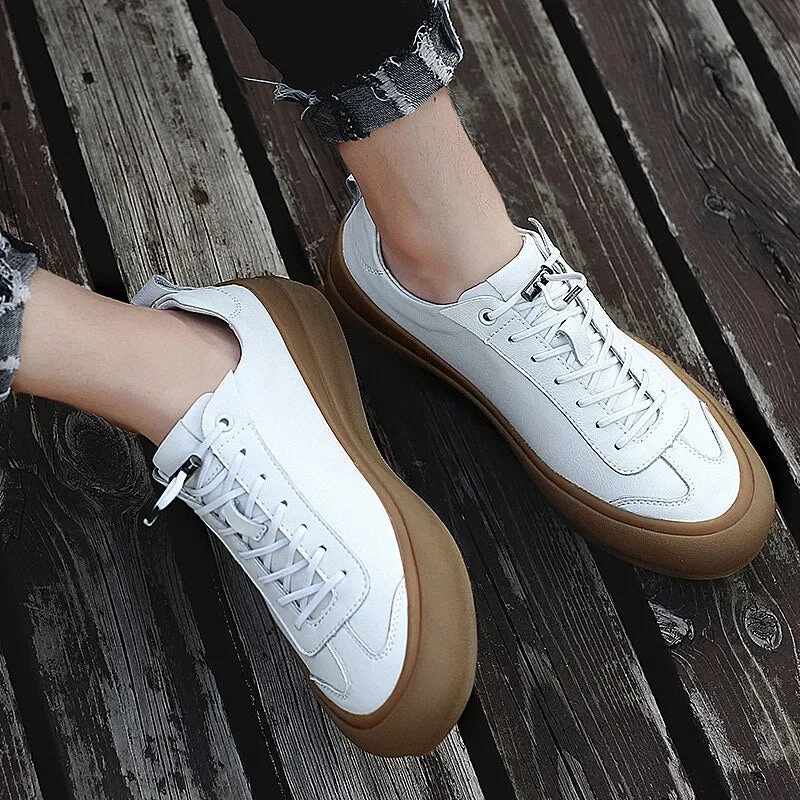 Advbridge Classic Men Black White Sneakers Soft Genuine Leather Men Shoes Lace-up Casual Flats Shoes All-match Minimalist Sneakers for Men