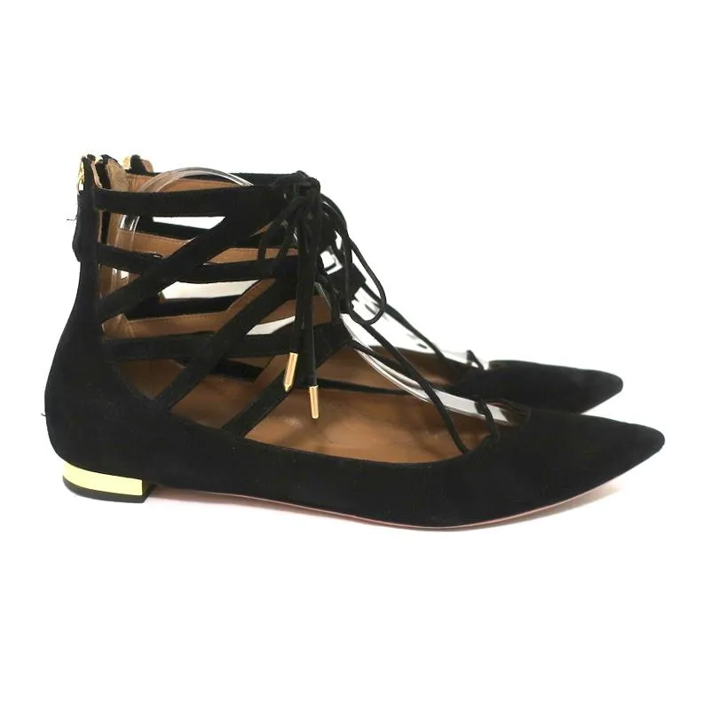 Aquazzura Belgravia Lace-Up Flats Black Cutout Suede Size 39 Pointed Toe