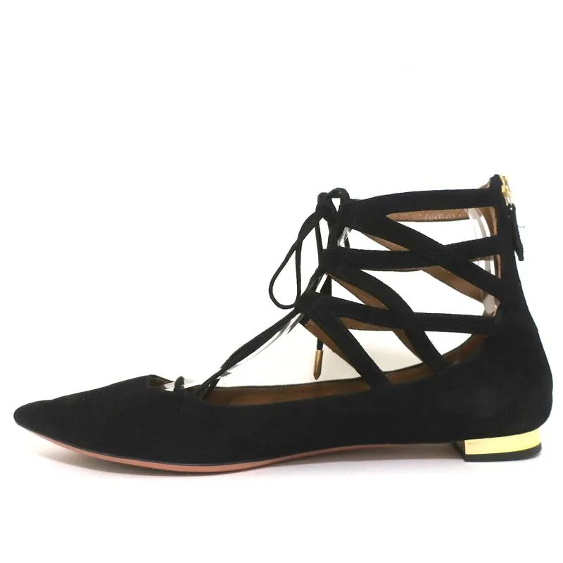 Aquazzura Belgravia Lace-Up Flats Black Cutout Suede Size 39 Pointed Toe