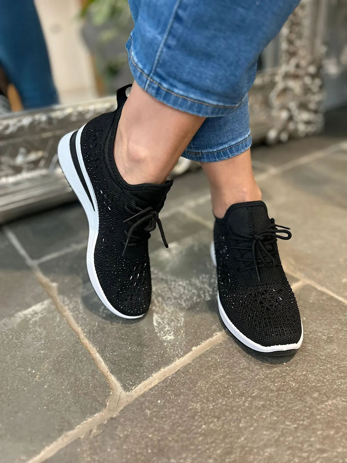 Black Embellished Wedge Trainer