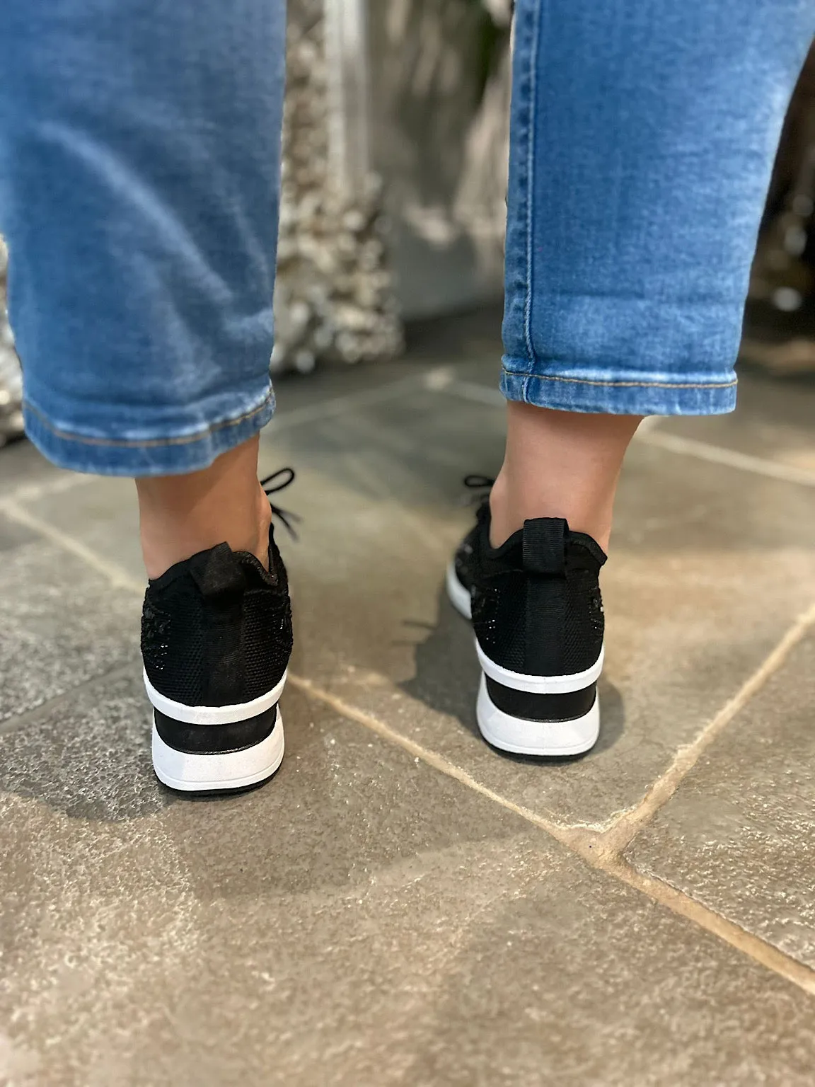 Black Embellished Wedge Trainer