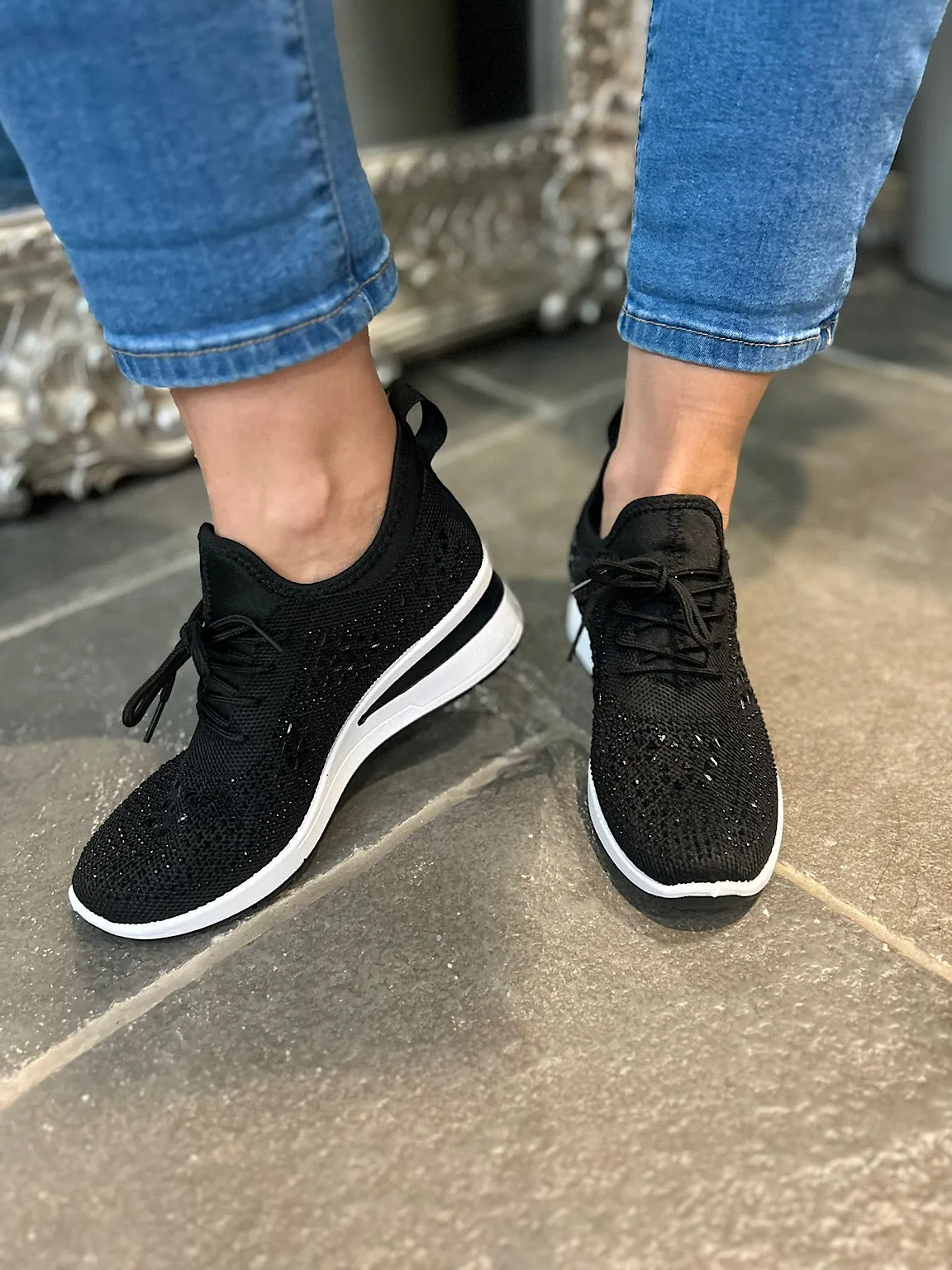 Black Embellished Wedge Trainer
