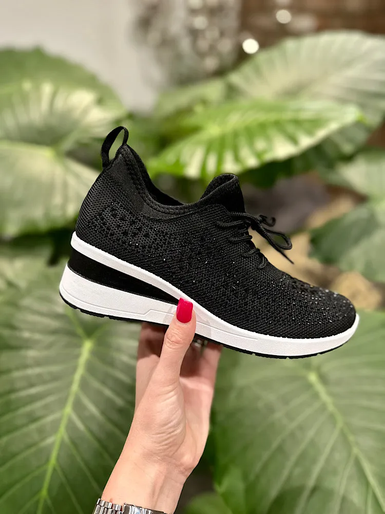 Black Embellished Wedge Trainer