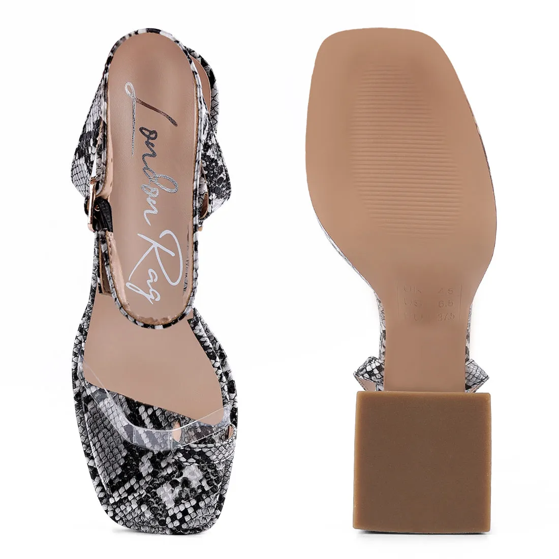Black Snake Pattern Block Heeled Sandals