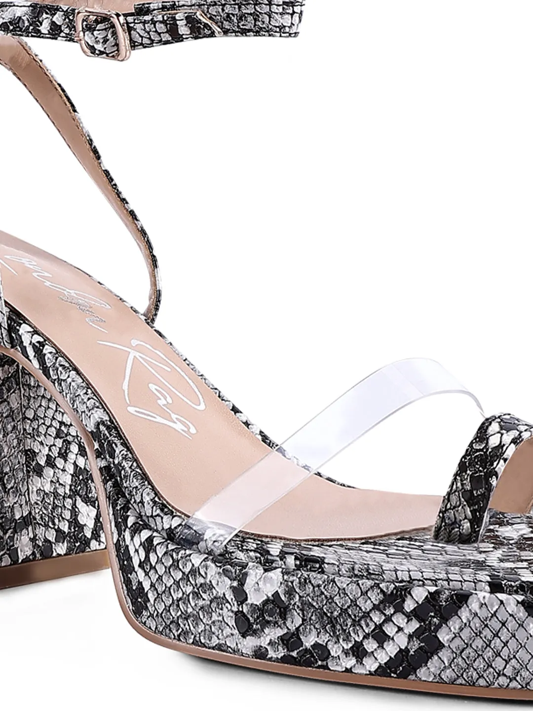 Black Snake Pattern Block Heeled Sandals