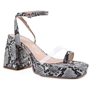 Black Snake Pattern Block Heeled Sandals