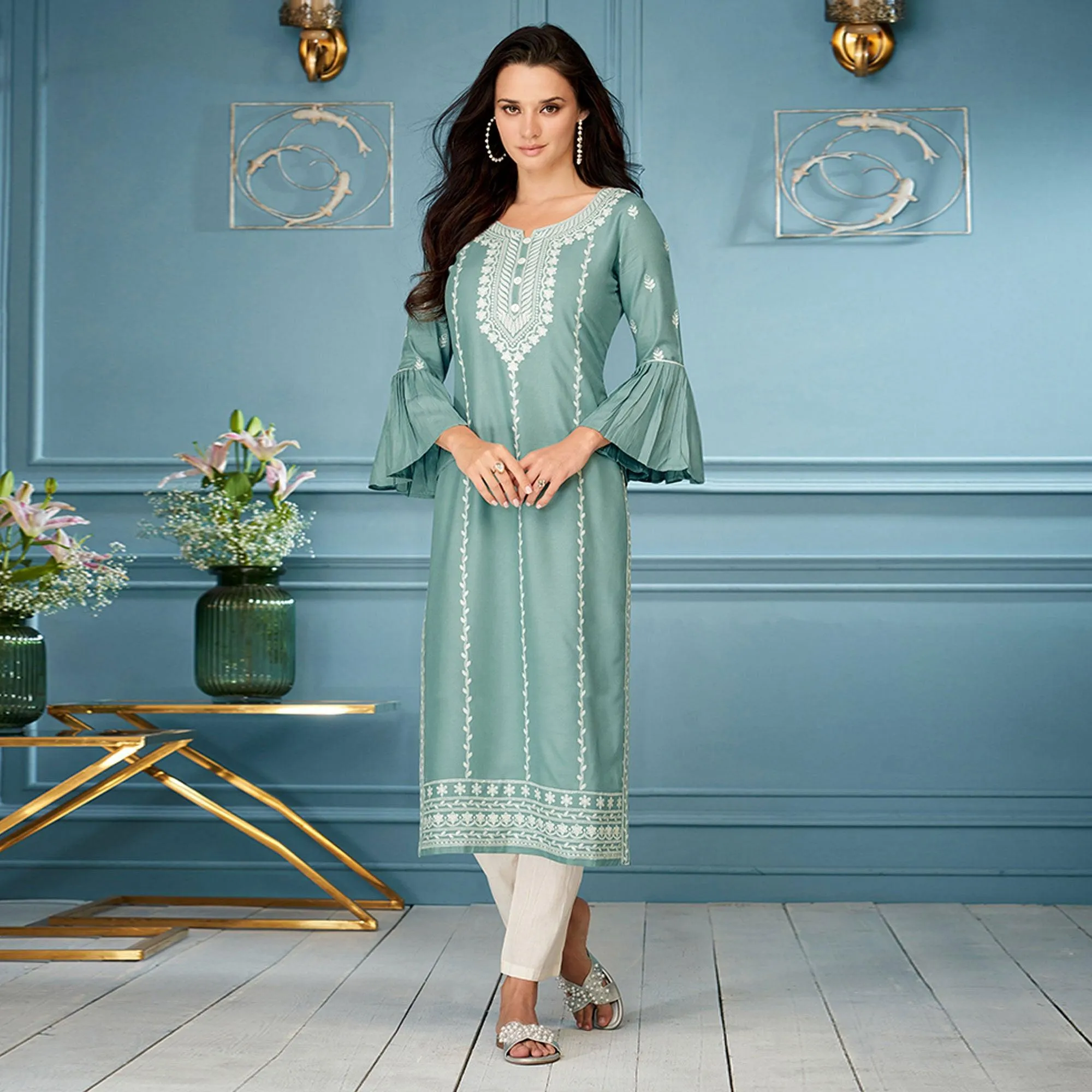 Blue Casual Wear Embroidered Rayon Kurti