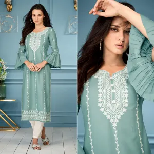 Blue Casual Wear Embroidered Rayon Kurti