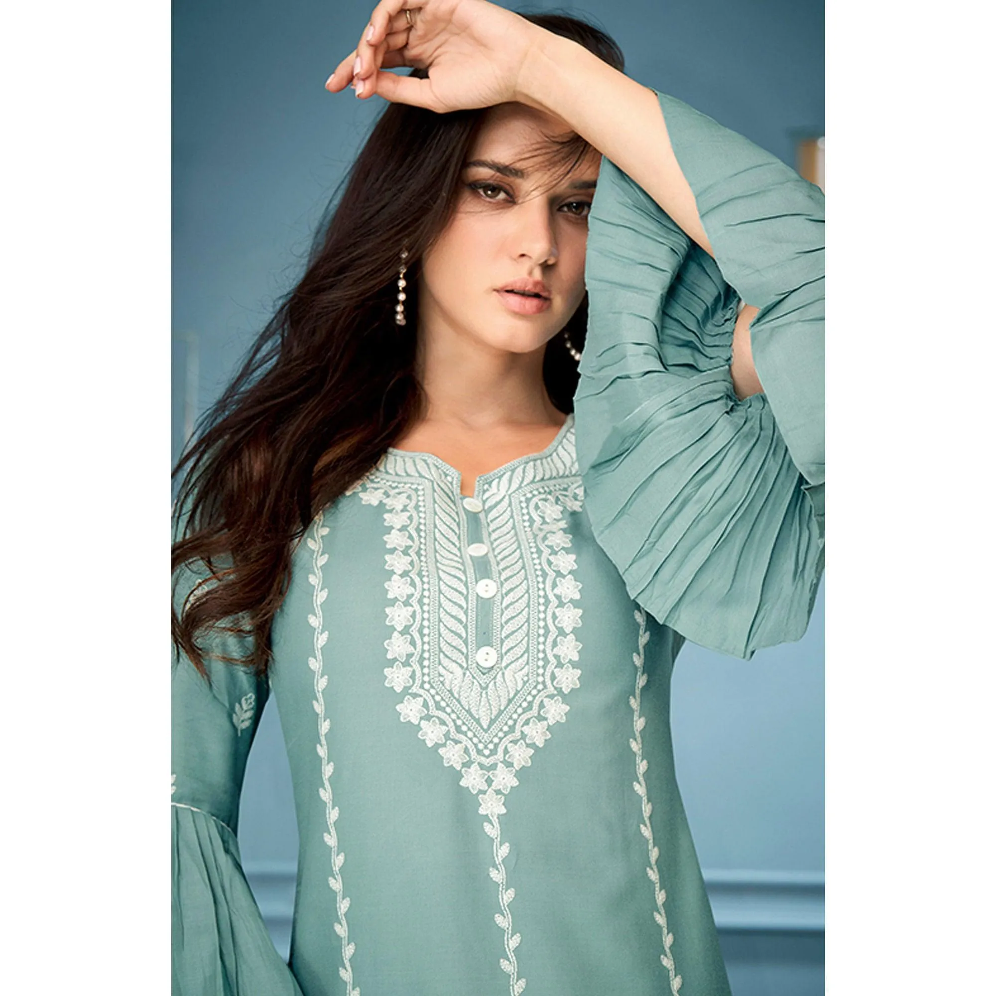 Blue Casual Wear Embroidered Rayon Kurti