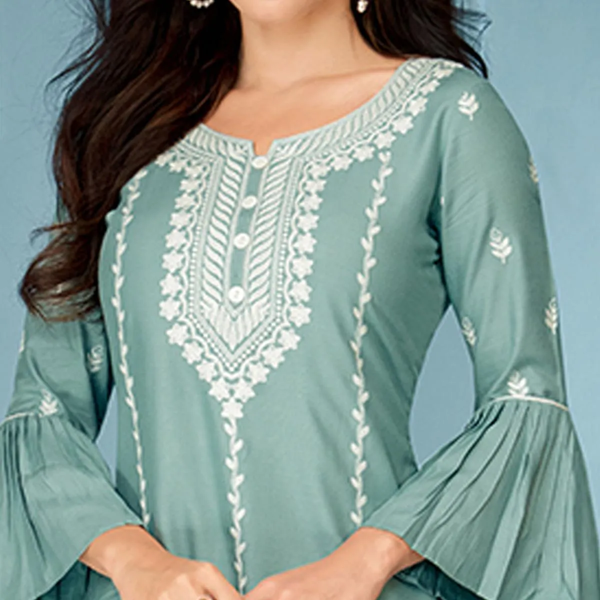 Blue Casual Wear Embroidered Rayon Kurti