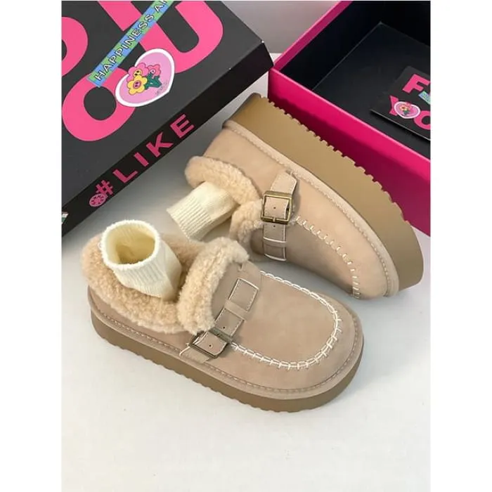 Buckled Fluffy Trim Platform Loafers
