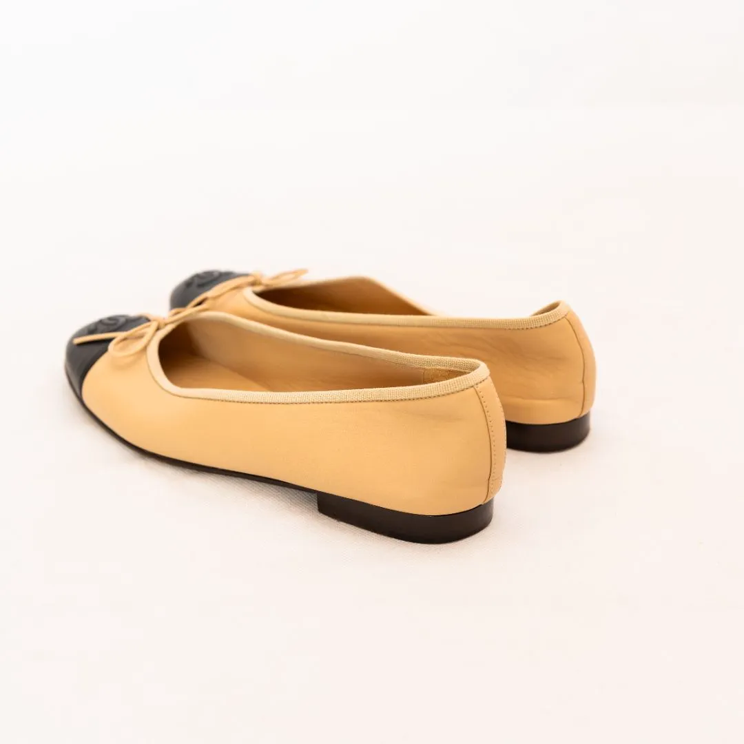 Chanel Classic Nude and Black Cap Toe Ballerina Flats  37.5