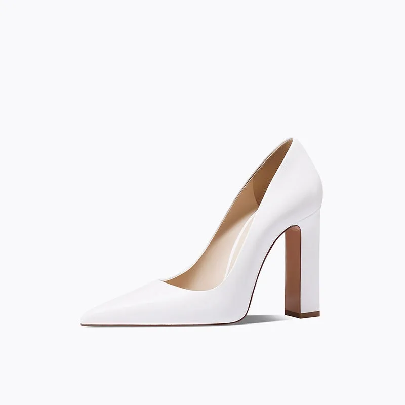 Fabfei square thick heels pointed toe white  retro wedding work  pumps - Iadora