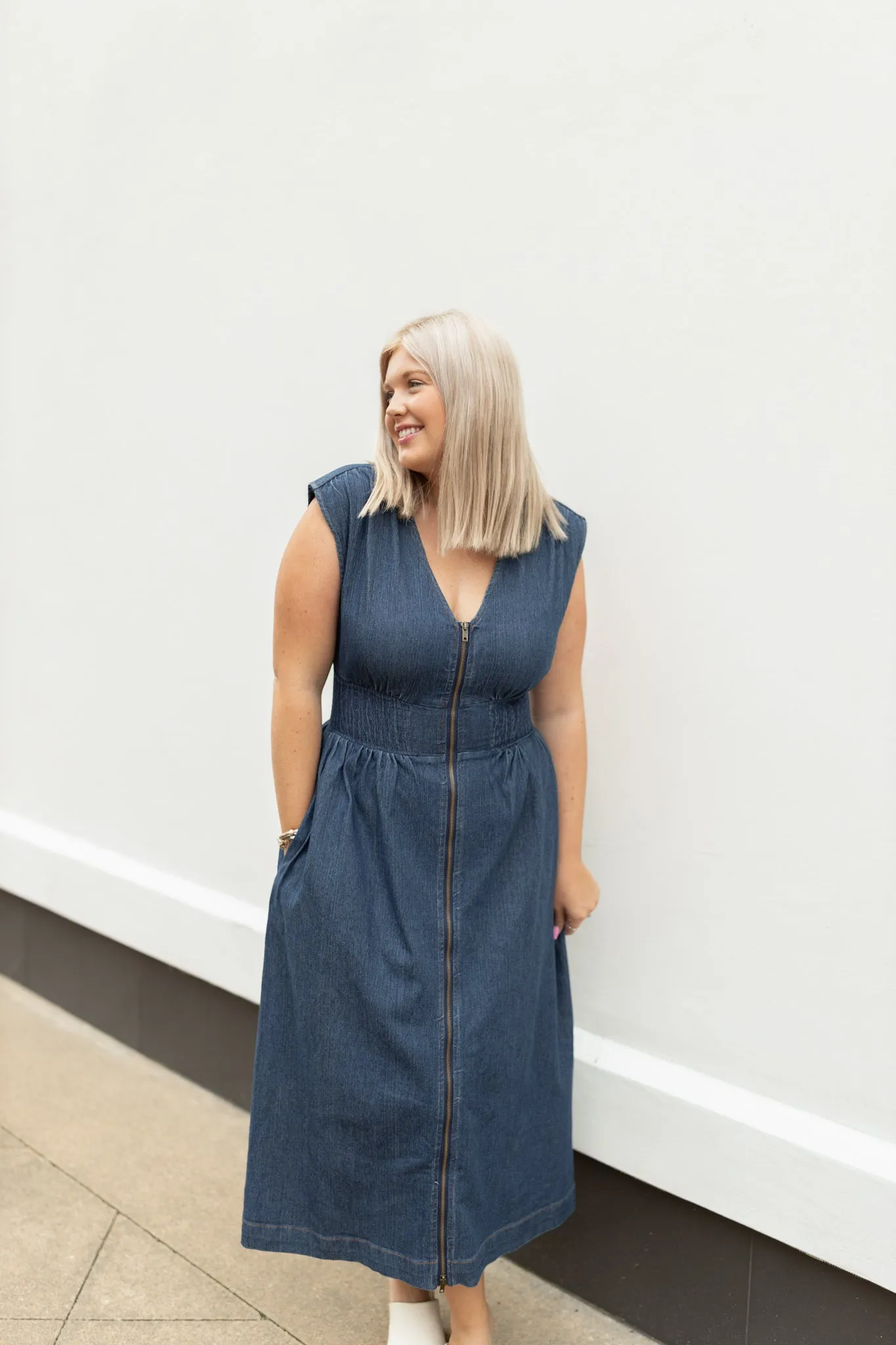 Gabriella Denim Lula Sleeveless Smocked Midi Dress
