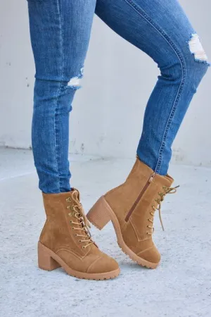 Lace-Up Zipper Detail Block Heel Boots in Tan