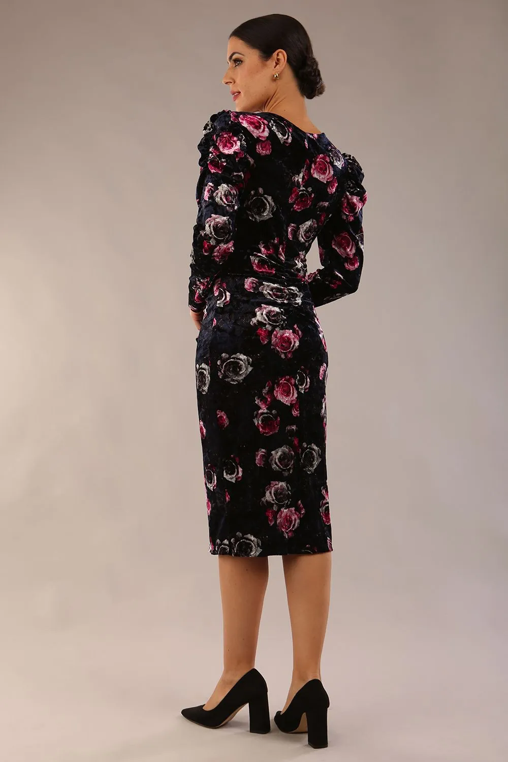(PRE-ORDER) Gardenia Floral Velvet Ruched Front and Back Dress