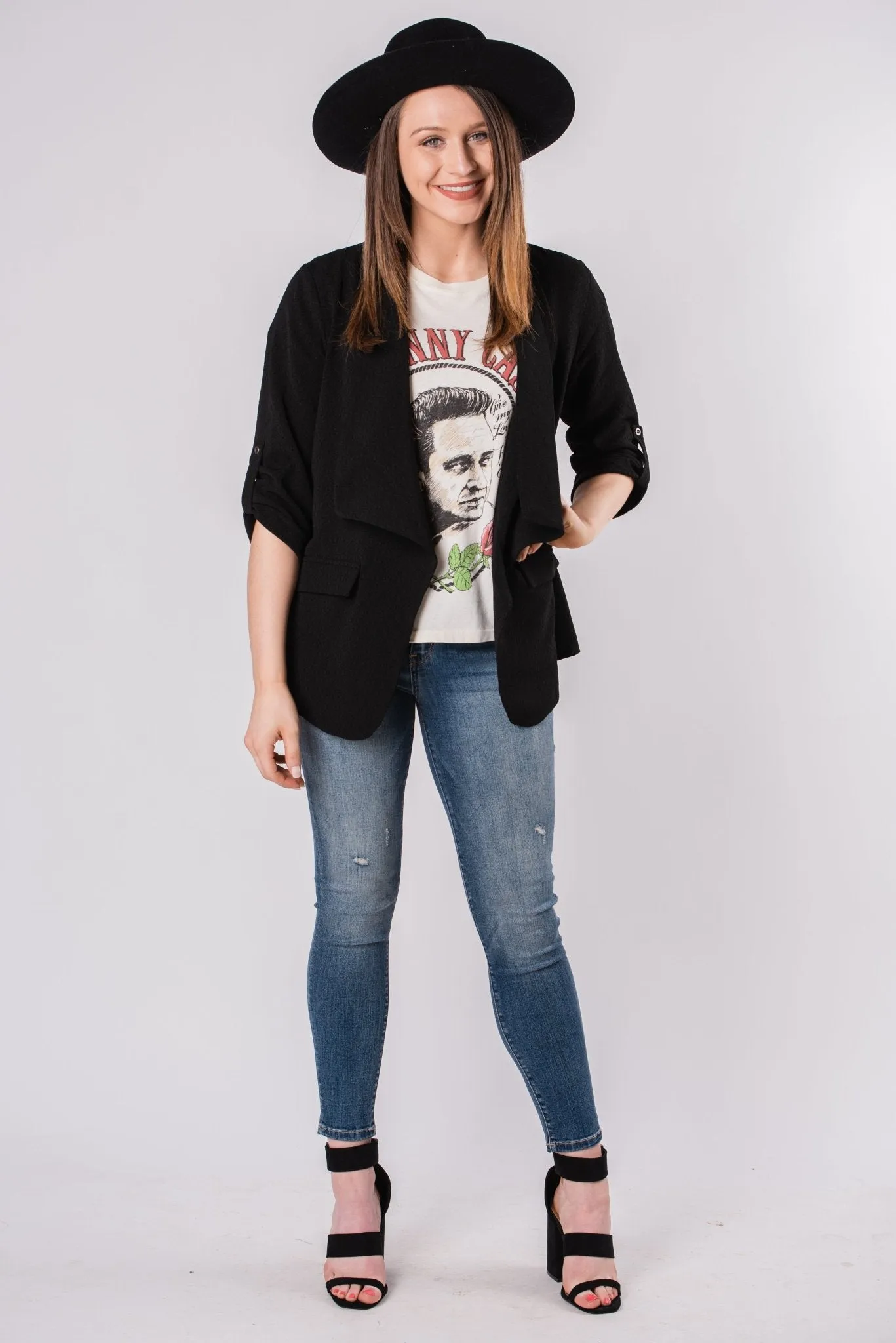 Quarter sleeve solid blazer black