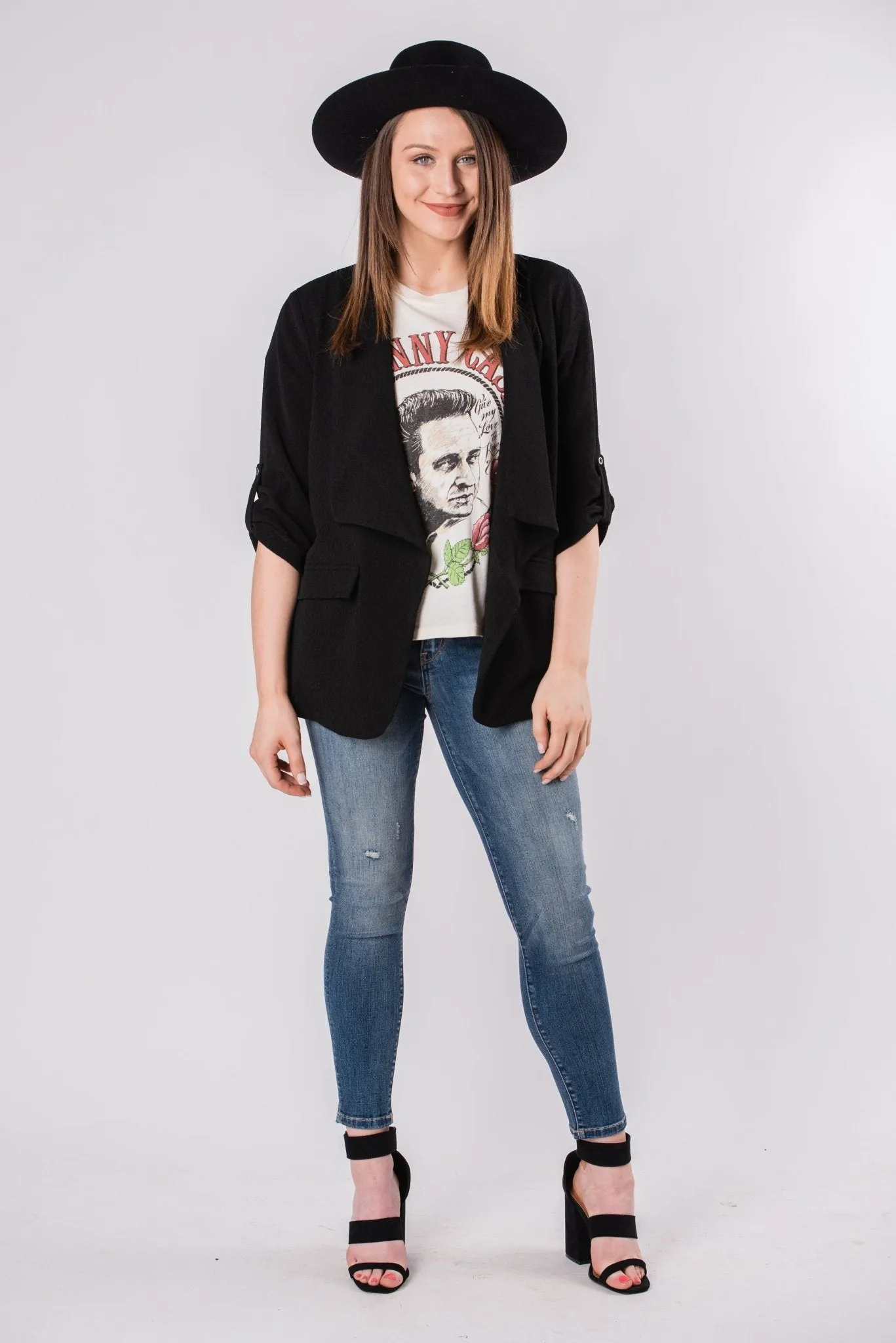 Quarter sleeve solid blazer black