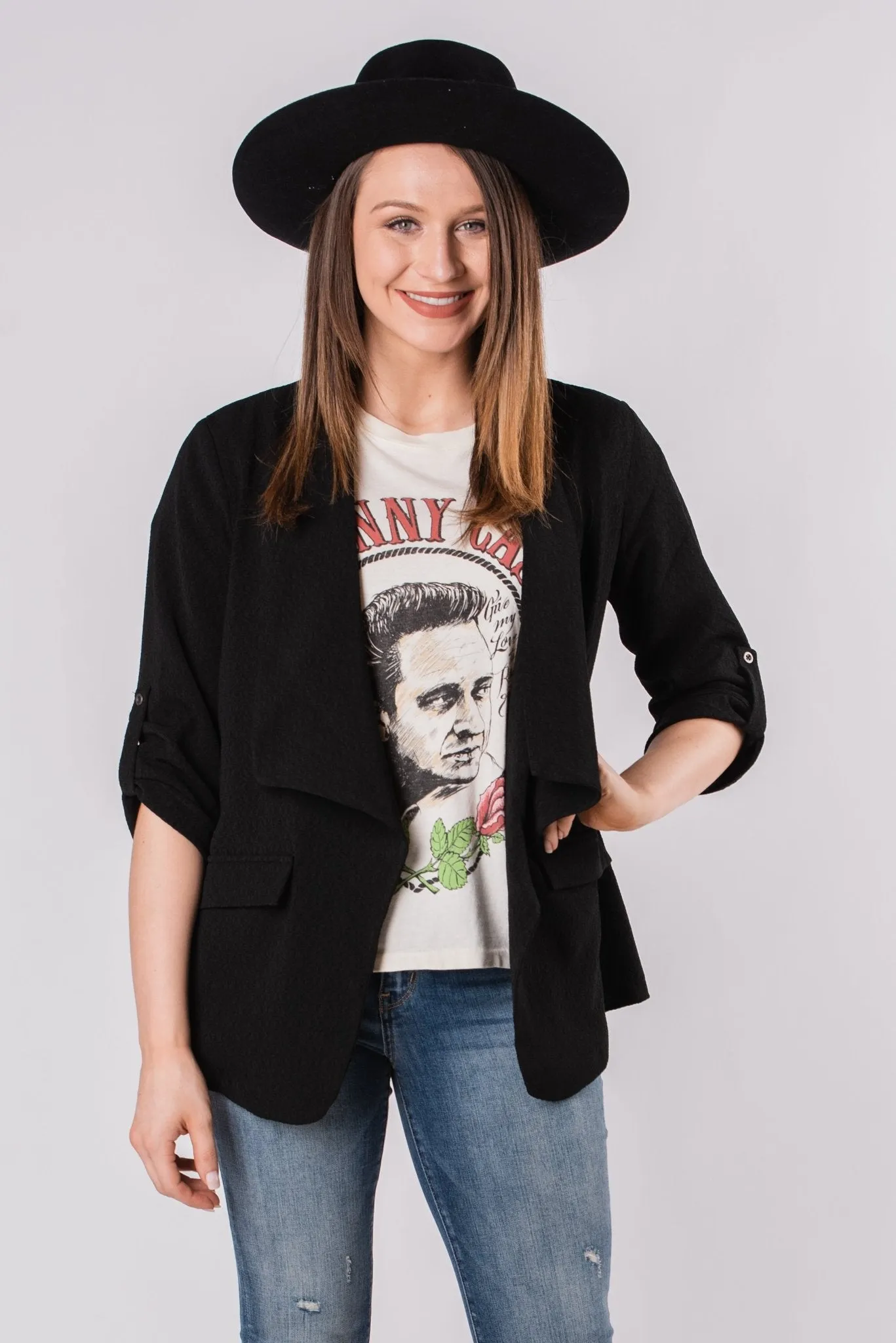 Quarter sleeve solid blazer black