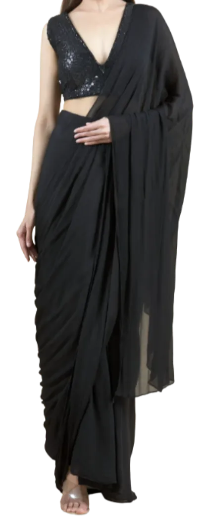 SAMPLE SALE: Sequined Pre-Draped Black Sari