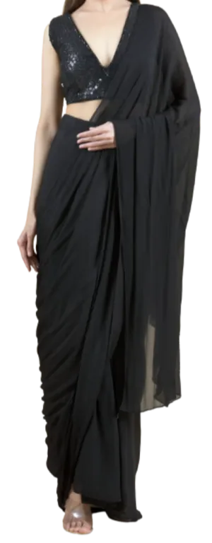 SAMPLE SALE: Sequined Pre-Draped Black Sari