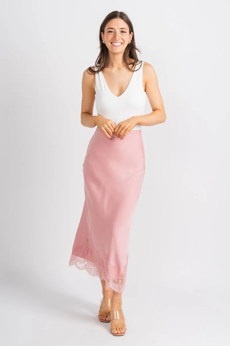 Satin lace midi skirt blush