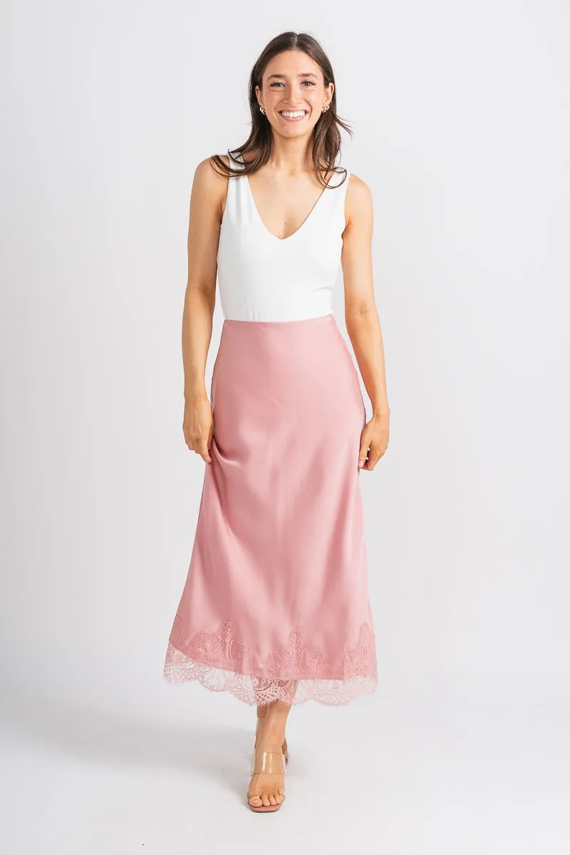 Satin lace midi skirt blush