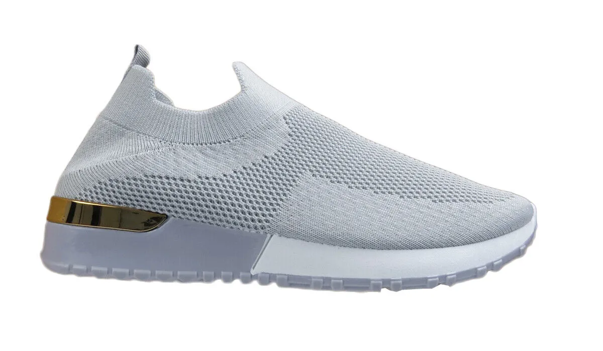 Serena Ladies Womens Sports Metallic Trim Slip On Trainers Sneakers Shoes Grey