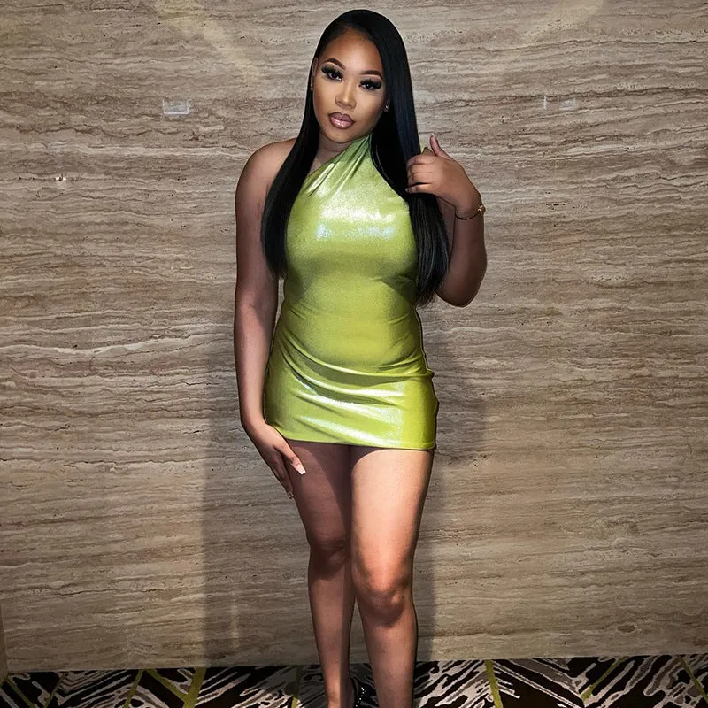 Shiny Surface Spring New One-shoulder Sleeveless Bodycon Dress