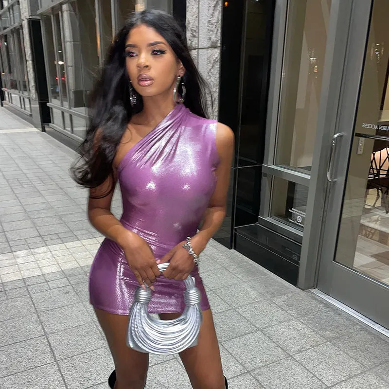 Shiny Surface Spring New One-shoulder Sleeveless Bodycon Dress