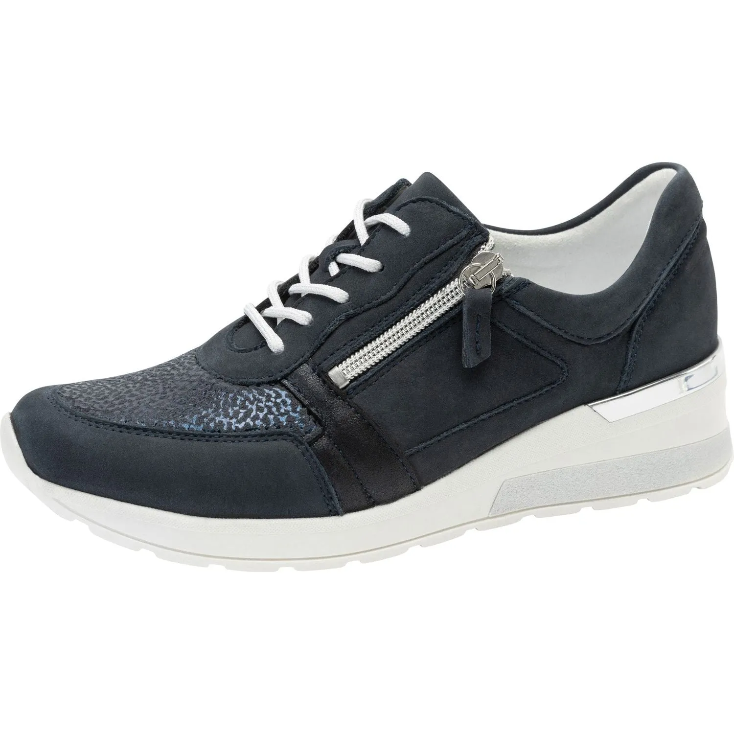 Waldlaufer 939H01 400 217 H-Clara Ladies Marine Blue Leather & Textile Zip & Lace Trainers